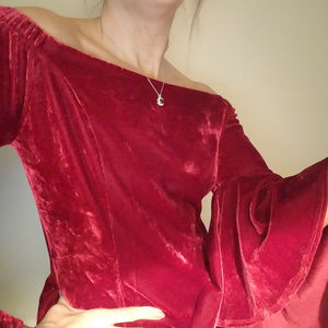 Red Velvet Off the Shoulder Top with Flare Sleeves